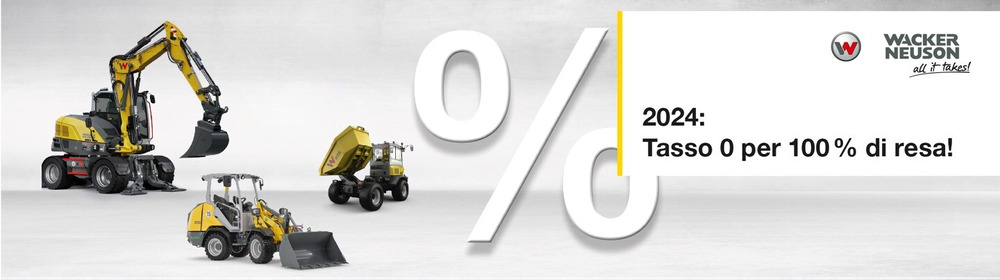 Tasso 0 per 100 % di resa! Finanziamento a TASSO ZERO per la vostra nuova macchina Wacker Neuson compatta. Tasso 0 per 100 % di resa! Finanziamento a TASSO ZERO per la vostra nuova macchina Wacker Neuson compatta.